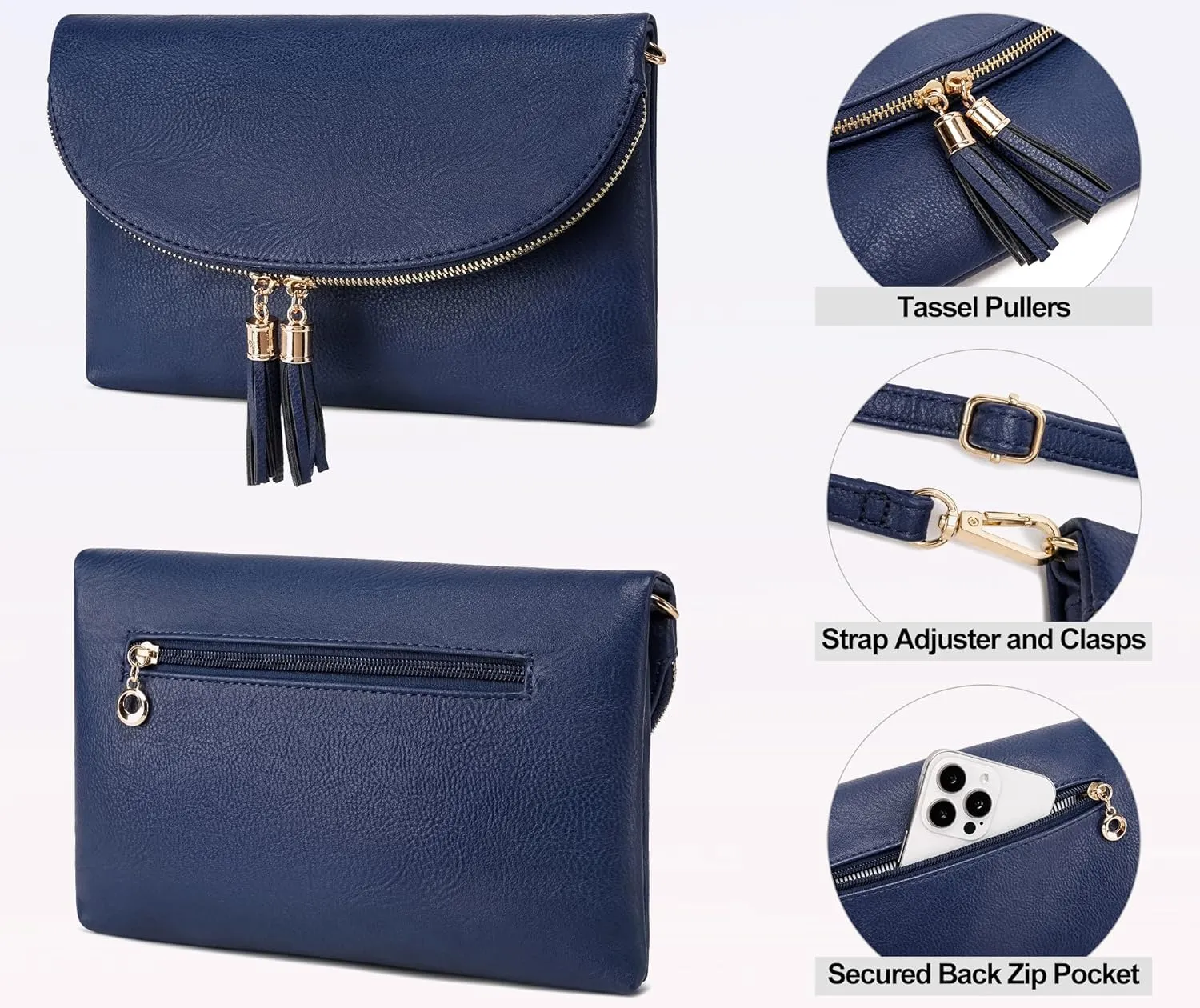 Solene Womens Envelop Clutch Purse Multi Compartments, 6 Card Slot Inside, Crossbody Bag With Tassels