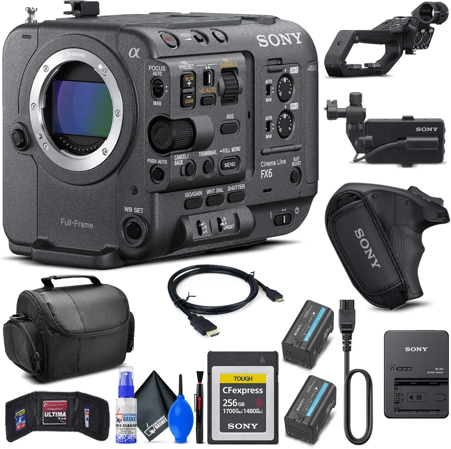 Sony FX6 Full-Frame Cinema Camera (Body Only) (ILME-FX6V)   Sony 256GB Cfexpress Card   BP-U35 Battery   Pro Case   Deluxe Cleaning Set   HDMI Cable   Memory Card Wallet   More (Renewed)