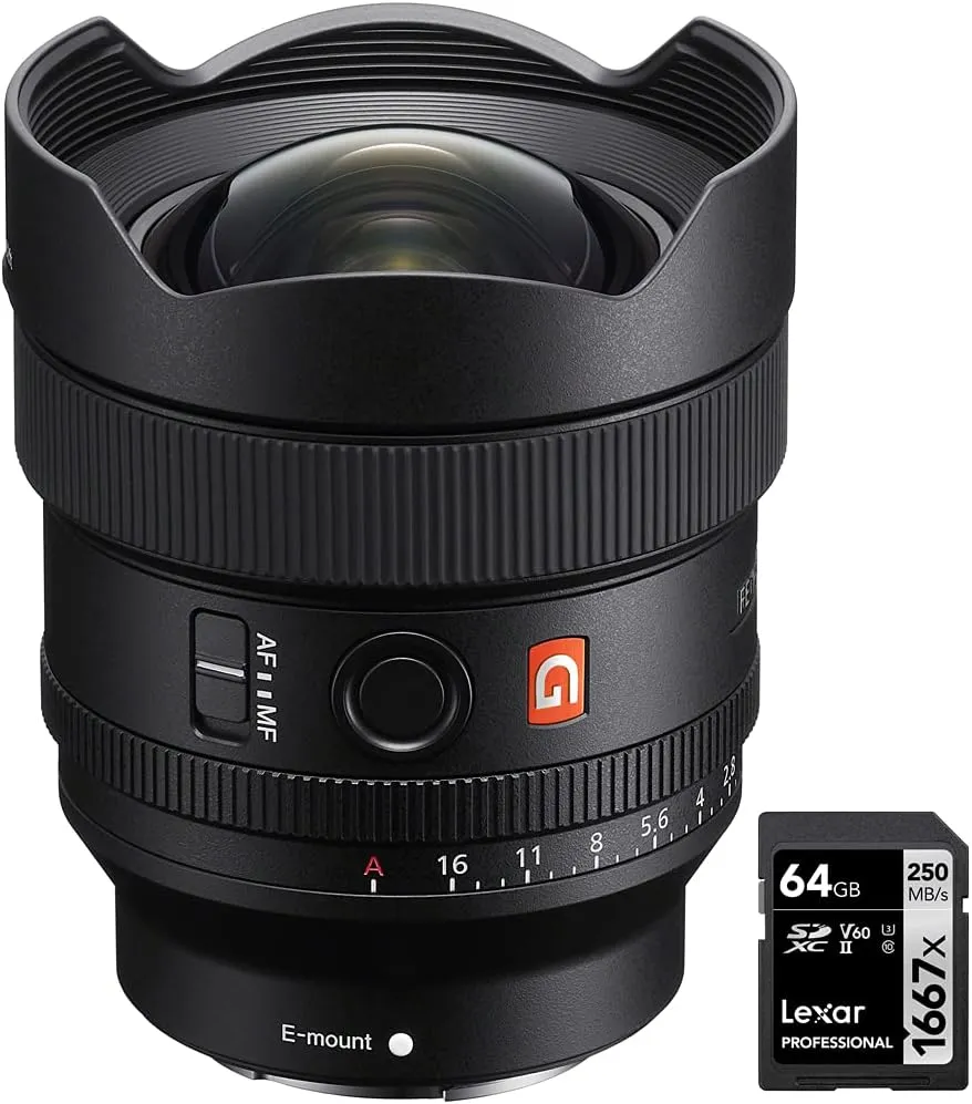 Sony SEL14F18GM FE 14mm F1.8 GM Full Frame Ultra Wide Prime G Master Lens for E-Mount Bundle with Lexar Professional SDHC/SDXC 1667x UHS-II 64GB Memory Card