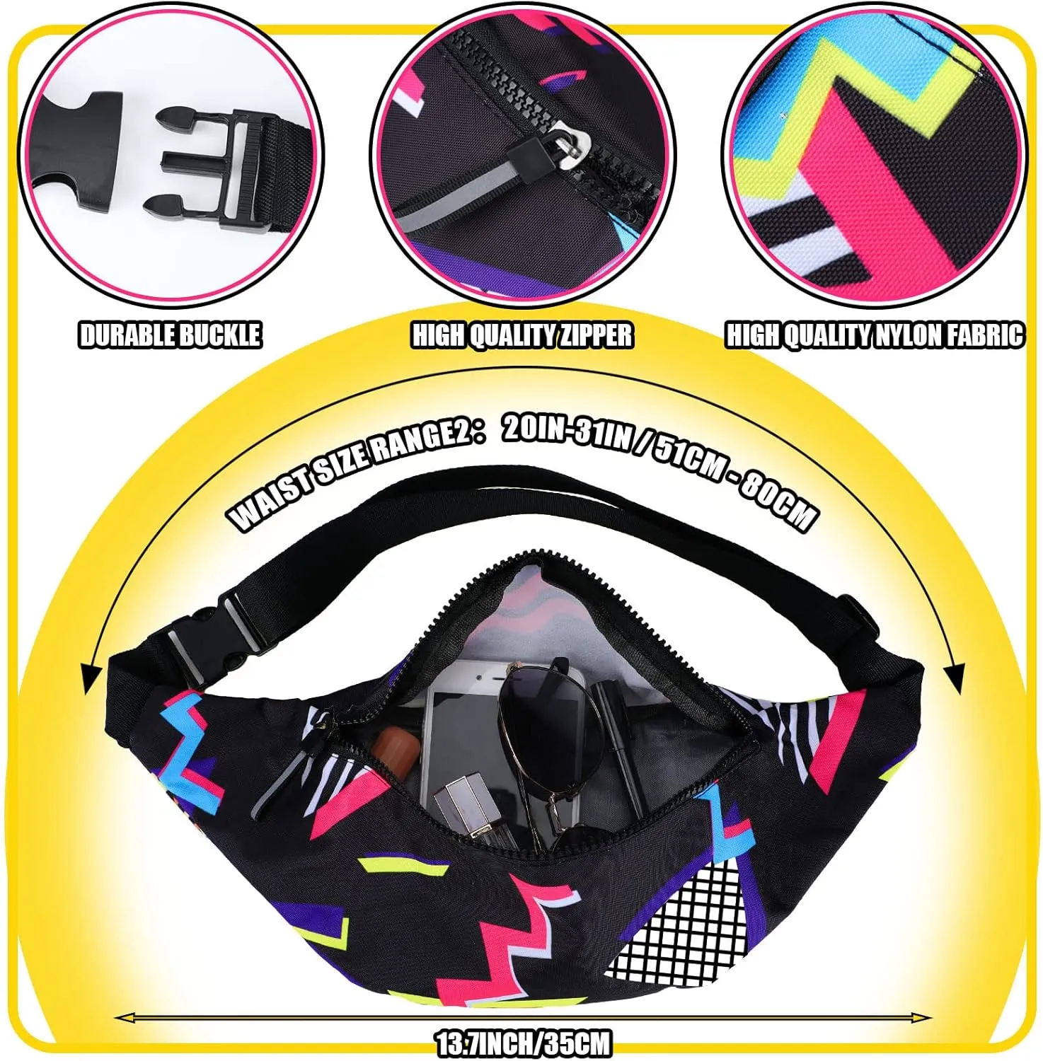 Sotiff 2 Pcs 80s 90s Fanny Pack Retro Waist Packs for Men Women Adjustable Casual Waist Bag Neon Cute Vintage Hiking Belt Bags for Travel Party Festival Hiking(Fresh Style)