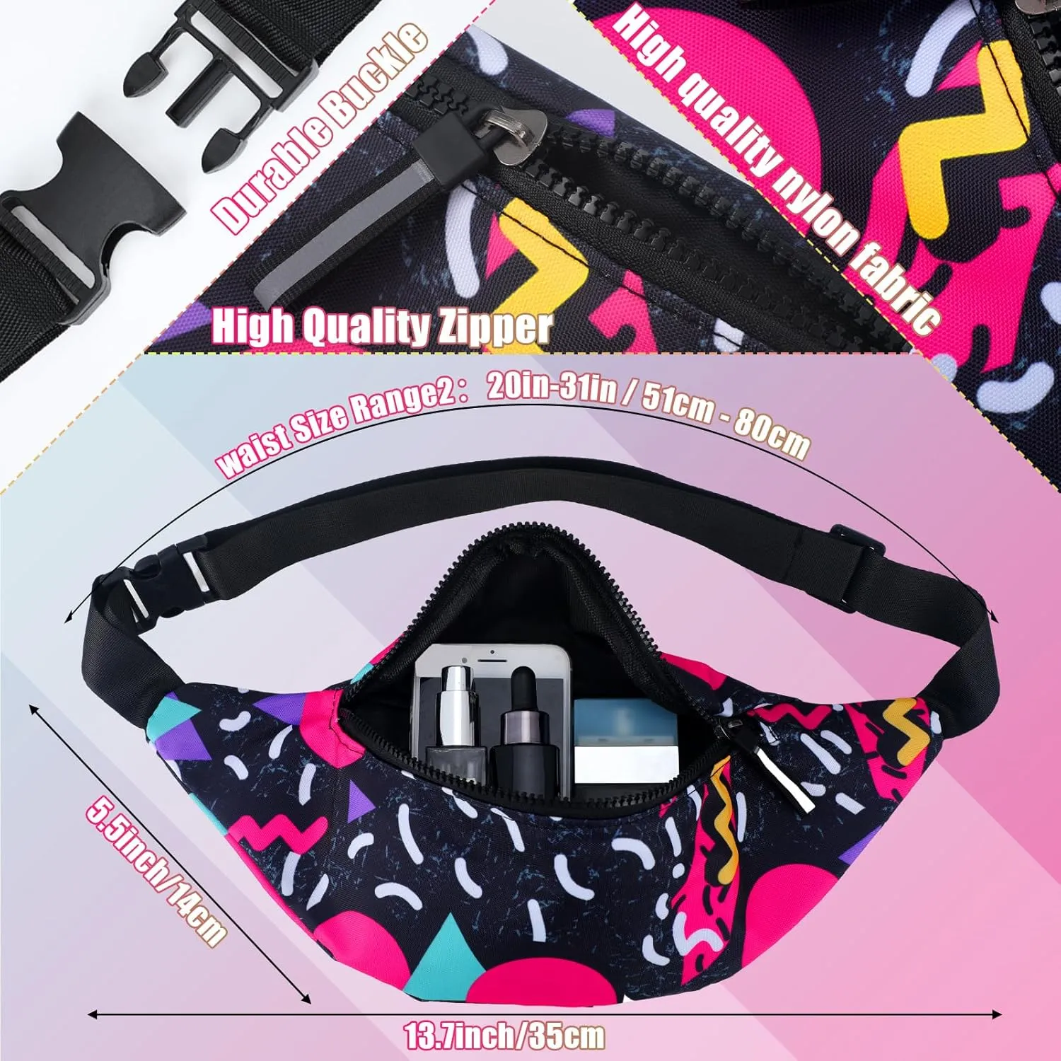 Sotiff 2 Pcs 80s 90s Fanny Pack Retro Waist Packs for Men Women Adjustable Casual Waist Bag Neon Cute Vintage Hiking Belt Bags for Travel Party Festival Hiking(Stylish Style)