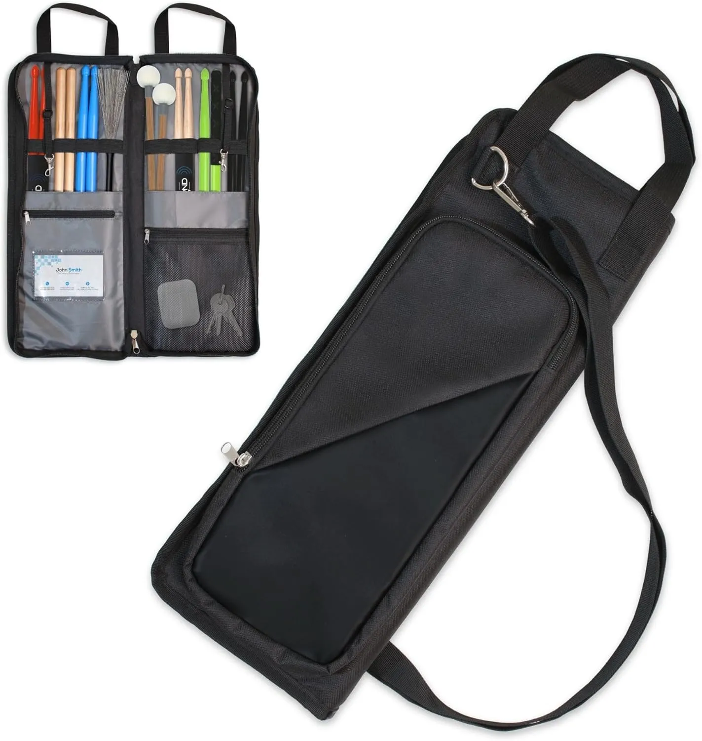 SoundMart DrumStick Bag - 8 Slot Drumstick Organizer, Durable Polyester Percussion Stick Bag with 2 Zipper Pockets, Business Card Slot, Adjustable Straps 26"-50.5" - Drum Sticks Holder for Musicians