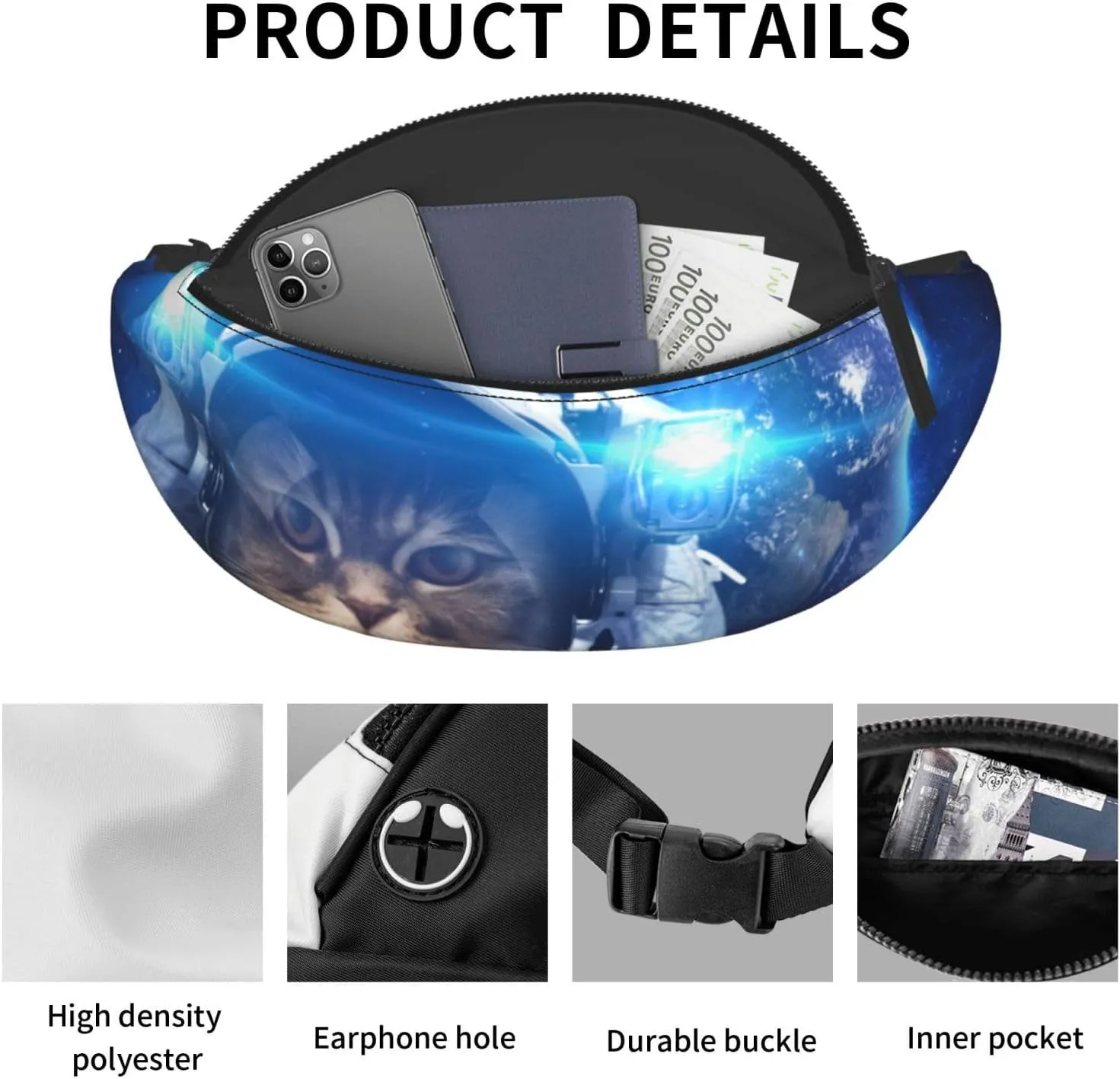 Space Cat Fashion Casual Fanny Pack Waist Bag Men Women Adjustable Belt Waist Bag For Travel Hiking Cycling Running Festival Carnival