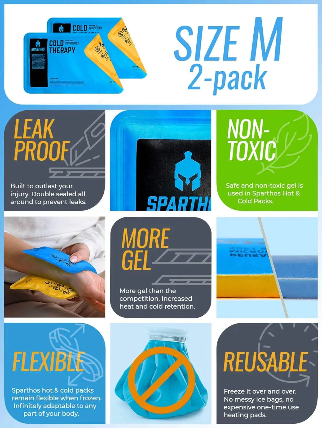Sparthos Ice Packs for Injuries - Reusable Soft Gel Hot Cold Icepack - Medical First Aid Pain Relief - Bag Flexible Pack Instant Icing Compress Therapy - Fits Knee, Shoulder, Elbow (Medium, Pack of 2)