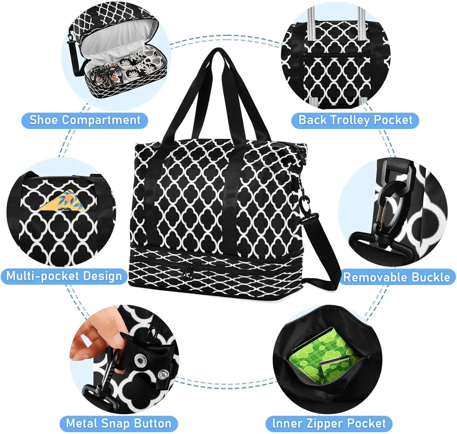 Sport Travel Duffle Bag Large Gym Tote Bag for Women,Rhombus Moroccan Weekender Bag with Shoe Compartment,Ladies Beach Bag Overnight Bag Luggage Bag with Wet Bag