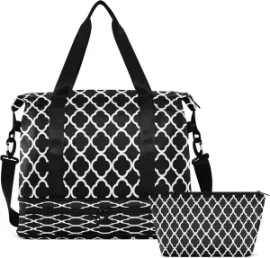 Sport Travel Duffle Bag Large Gym Tote Bag for Women,Rhombus Moroccan Weekender Bag with Shoe Compartment,Ladies Beach Bag Overnight Bag Luggage Bag with Wet Bag