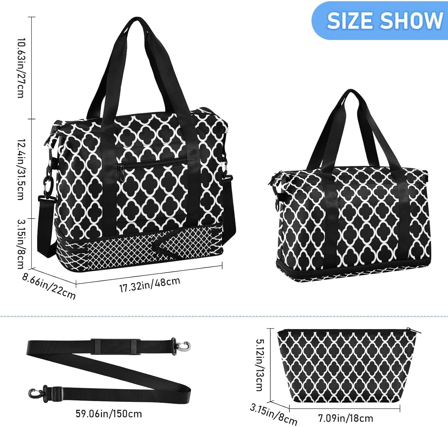Sport Travel Duffle Bag Large Gym Tote Bag for Women,Rhombus Moroccan Weekender Bag with Shoe Compartment,Ladies Beach Bag Overnight Bag Luggage Bag with Wet Bag