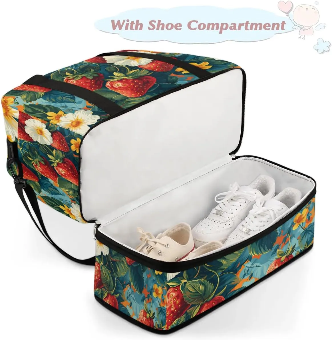 Sports Duffel Bag, Foldable Cute Strawberry Travel Duffel Bag, Gym Yoga Beach Bag Weekender Overnight Bag with Shoes Compartment for Men Women, Green Leaf Summer Fruit