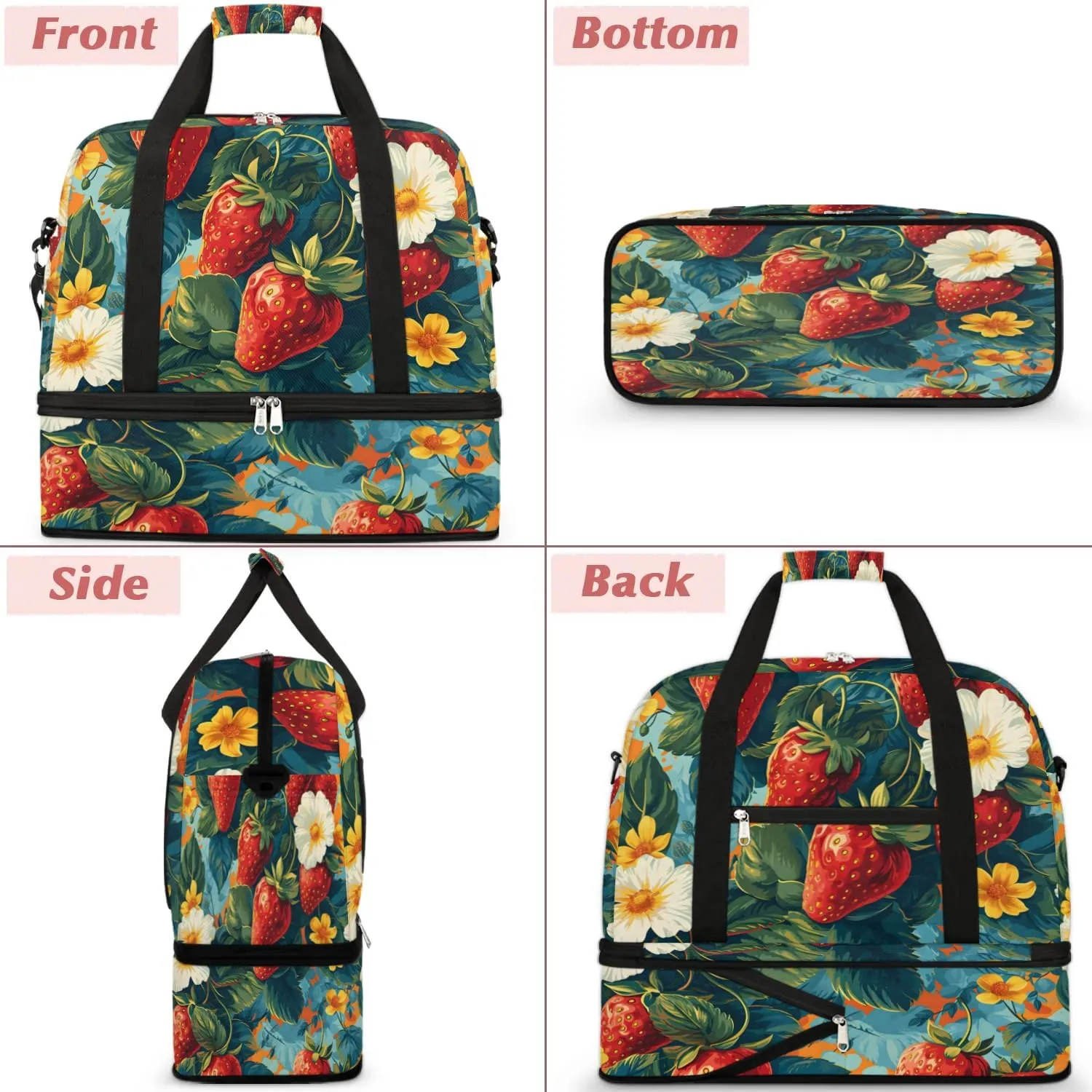 Sports Duffel Bag, Foldable Cute Strawberry Travel Duffel Bag, Gym Yoga Beach Bag Weekender Overnight Bag with Shoes Compartment for Men Women, Green Leaf Summer Fruit