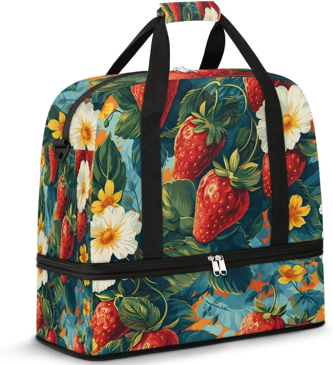 Sports Duffel Bag, Foldable Cute Strawberry Travel Duffel Bag, Gym Yoga Beach Bag Weekender Overnight Bag with Shoes Compartment for Men Women, Green Leaf Summer Fruit