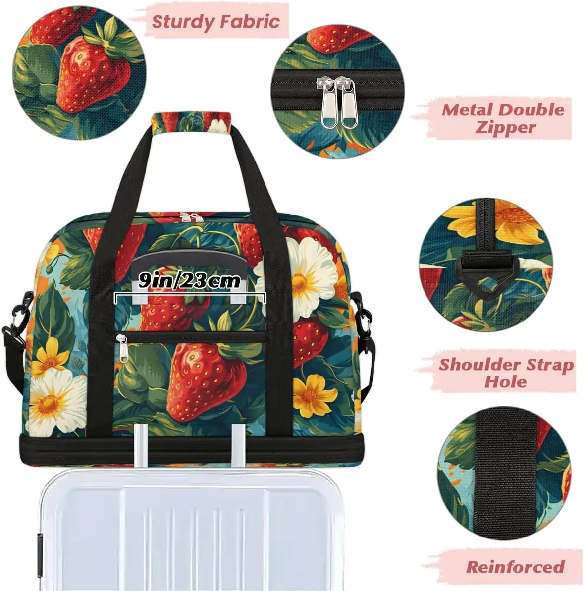 Sports Duffel Bag, Foldable Cute Strawberry Travel Duffel Bag, Gym Yoga Beach Bag Weekender Overnight Bag with Shoes Compartment for Men Women, Green Leaf Summer Fruit