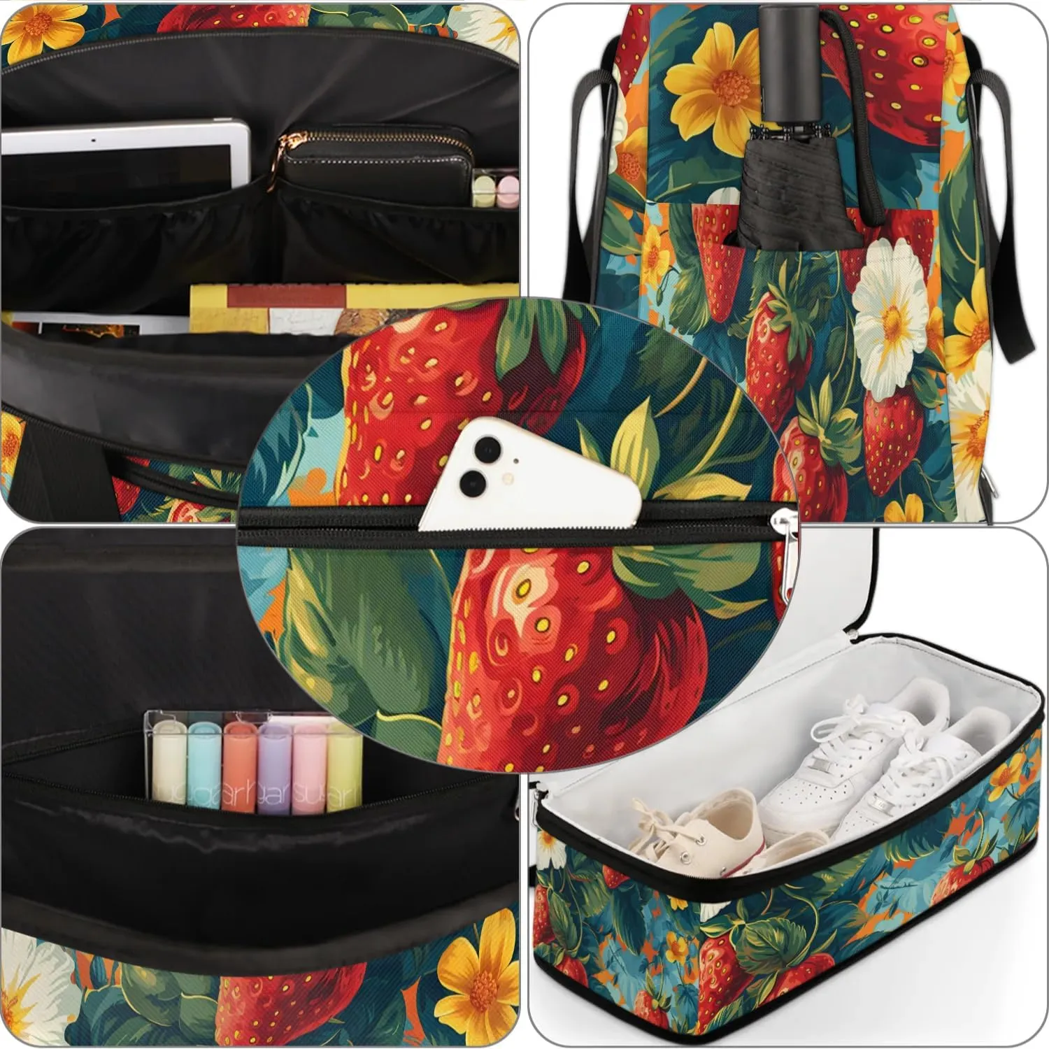 Sports Duffel Bag, Foldable Cute Strawberry Travel Duffel Bag, Gym Yoga Beach Bag Weekender Overnight Bag with Shoes Compartment for Men Women, Green Leaf Summer Fruit