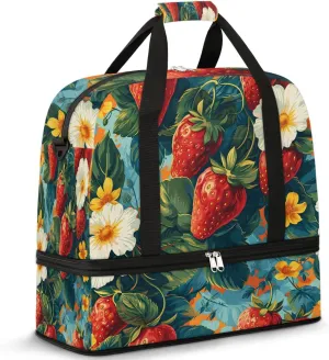 Sports Duffel Bag, Foldable Cute Strawberry Travel Duffel Bag, Gym Yoga Beach Bag Weekender Overnight Bag with Shoes Compartment for Men Women, Green Leaf Summer Fruit