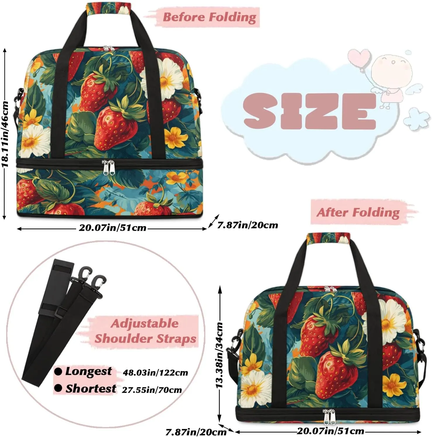 Sports Duffel Bag, Foldable Cute Strawberry Travel Duffel Bag, Gym Yoga Beach Bag Weekender Overnight Bag with Shoes Compartment for Men Women, Green Leaf Summer Fruit