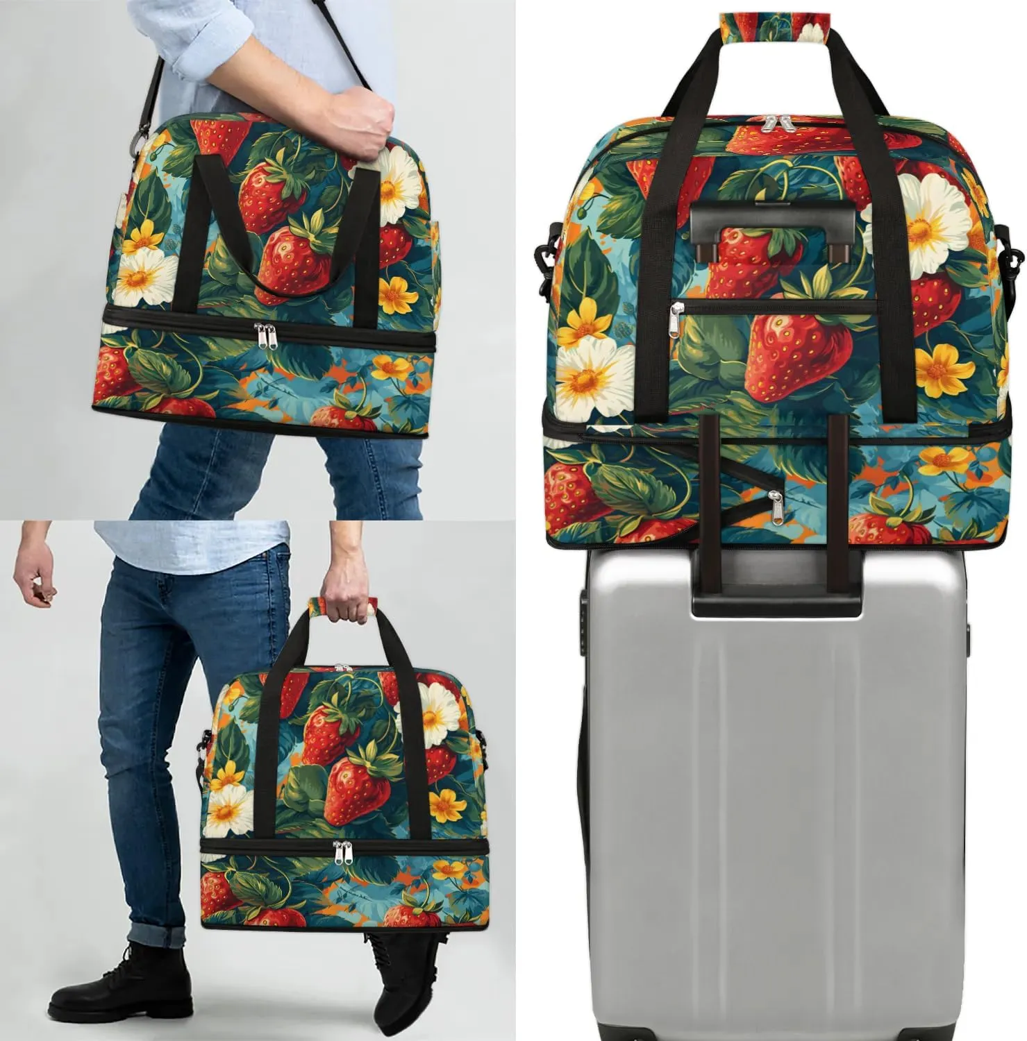 Sports Duffel Bag, Foldable Cute Strawberry Travel Duffel Bag, Gym Yoga Beach Bag Weekender Overnight Bag with Shoes Compartment for Men Women, Green Leaf Summer Fruit