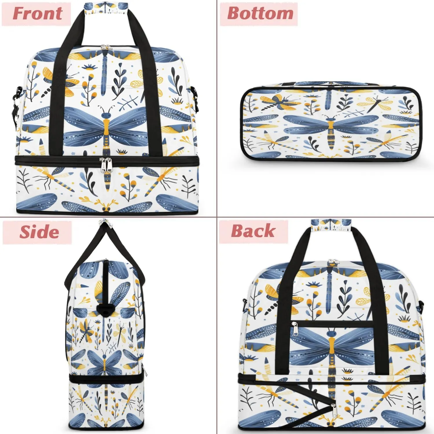 Sports Duffel Bag, Foldable Dragonfly Wildflowers Travel Duffel Bag, Gym Yoga Beach Bag Weekender Overnight Bag with Shoes Compartment for Men Women, Farmhouse Dragonfly