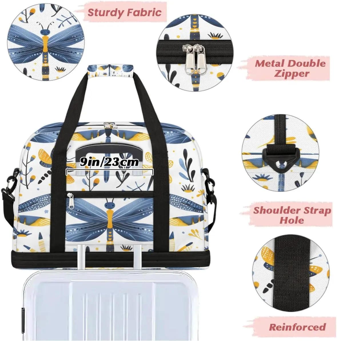 Sports Duffel Bag, Foldable Dragonfly Wildflowers Travel Duffel Bag, Gym Yoga Beach Bag Weekender Overnight Bag with Shoes Compartment for Men Women, Farmhouse Dragonfly