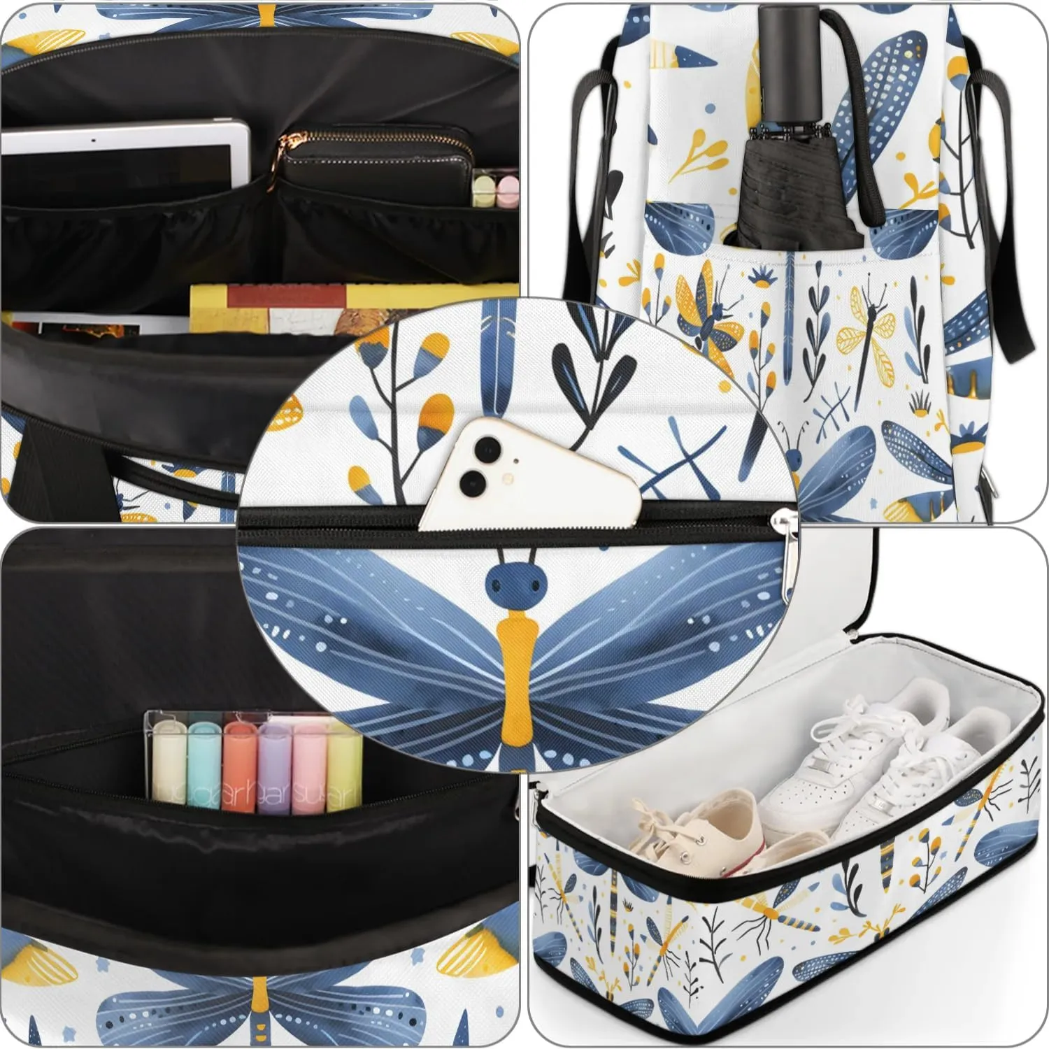 Sports Duffel Bag, Foldable Dragonfly Wildflowers Travel Duffel Bag, Gym Yoga Beach Bag Weekender Overnight Bag with Shoes Compartment for Men Women, Farmhouse Dragonfly