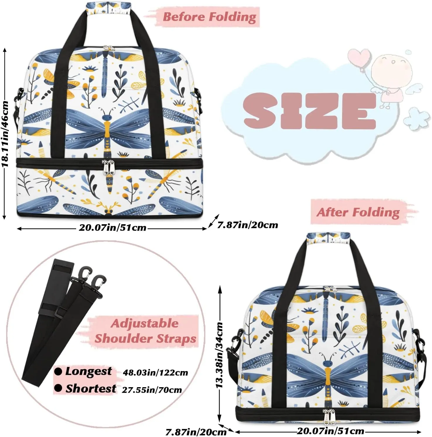 Sports Duffel Bag, Foldable Dragonfly Wildflowers Travel Duffel Bag, Gym Yoga Beach Bag Weekender Overnight Bag with Shoes Compartment for Men Women, Farmhouse Dragonfly