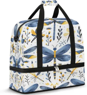 Sports Duffel Bag, Foldable Dragonfly Wildflowers Travel Duffel Bag, Gym Yoga Beach Bag Weekender Overnight Bag with Shoes Compartment for Men Women, Farmhouse Dragonfly