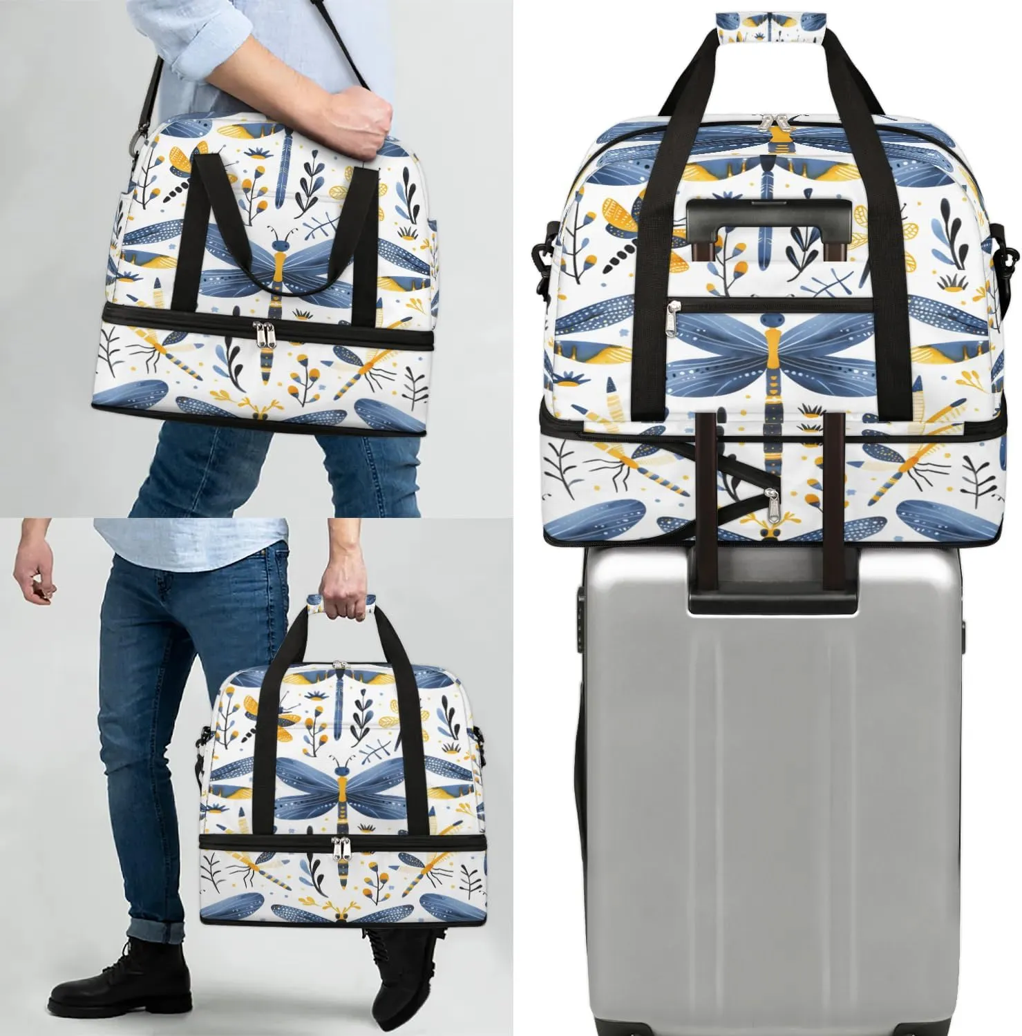 Sports Duffel Bag, Foldable Dragonfly Wildflowers Travel Duffel Bag, Gym Yoga Beach Bag Weekender Overnight Bag with Shoes Compartment for Men Women, Farmhouse Dragonfly