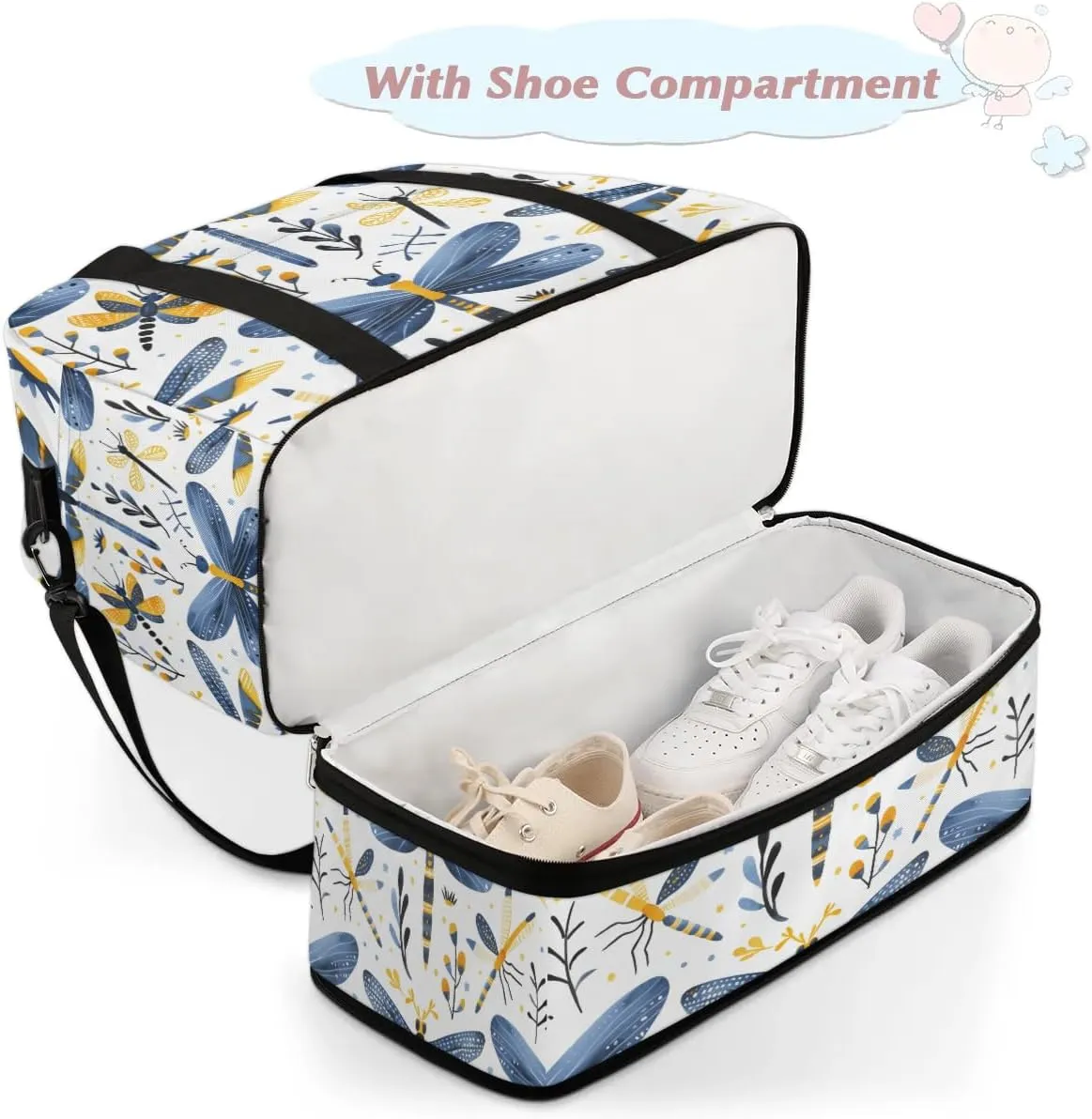 Sports Duffel Bag, Foldable Dragonfly Wildflowers Travel Duffel Bag, Gym Yoga Beach Bag Weekender Overnight Bag with Shoes Compartment for Men Women, Farmhouse Dragonfly