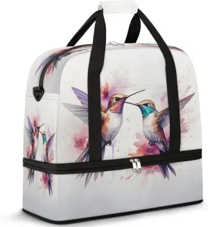 Sports Duffel Bag, Foldable Watercolor Birds Travel Duffel Bag, Gym Yoga Beach Bag Weekender Overnight Bag with Shoes Compartment for Men Women, Hummingbird