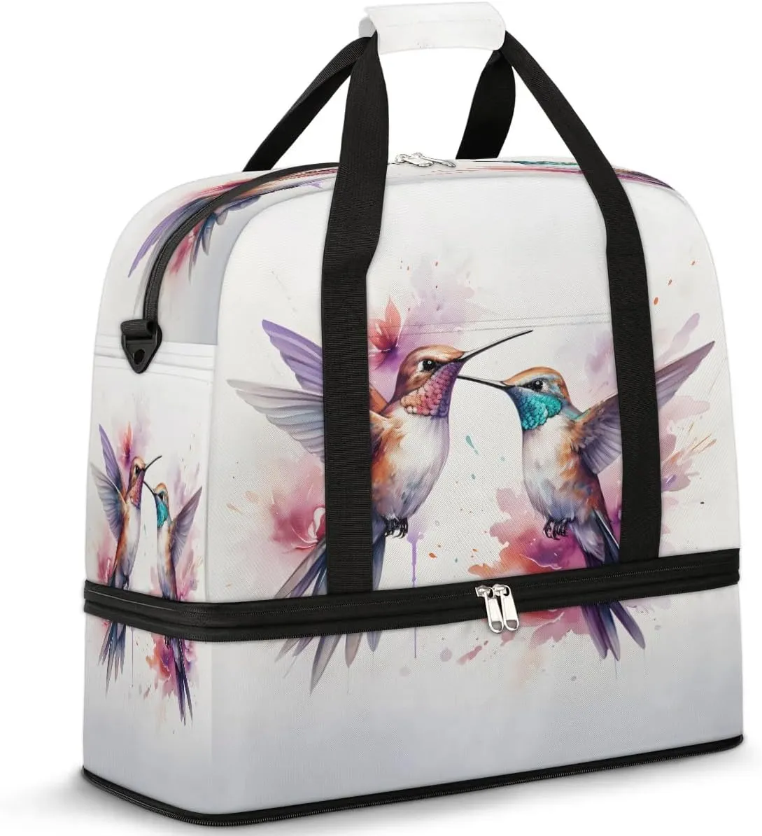 Sports Duffel Bag, Foldable Watercolor Birds Travel Duffel Bag, Gym Yoga Beach Bag Weekender Overnight Bag with Shoes Compartment for Men Women, Hummingbird