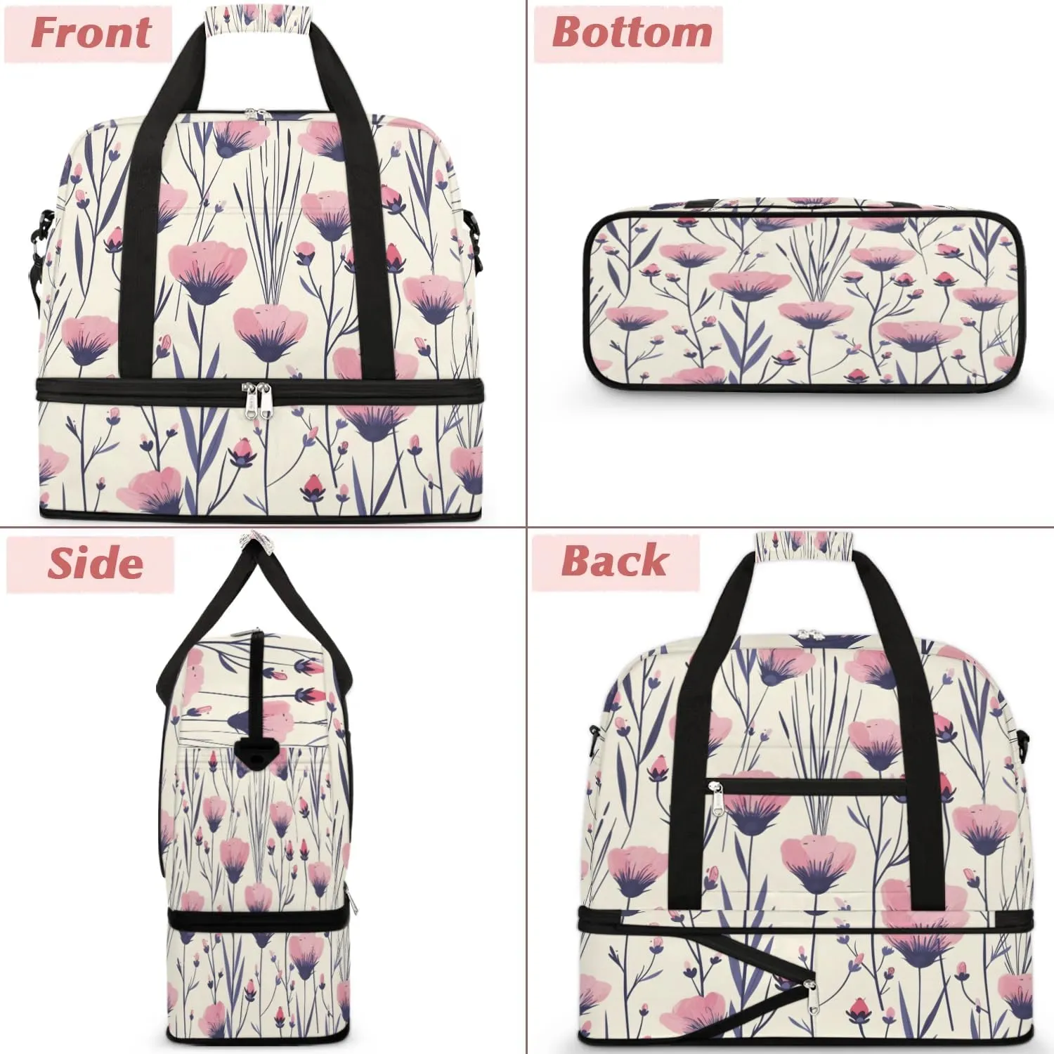 Sports Duffel Bag, Foldable Wildflower Travel Duffel Bag, Gym Yoga Beach Bag Weekender Overnight Bag with Shoes Compartment for Men Women, Poppy Flower