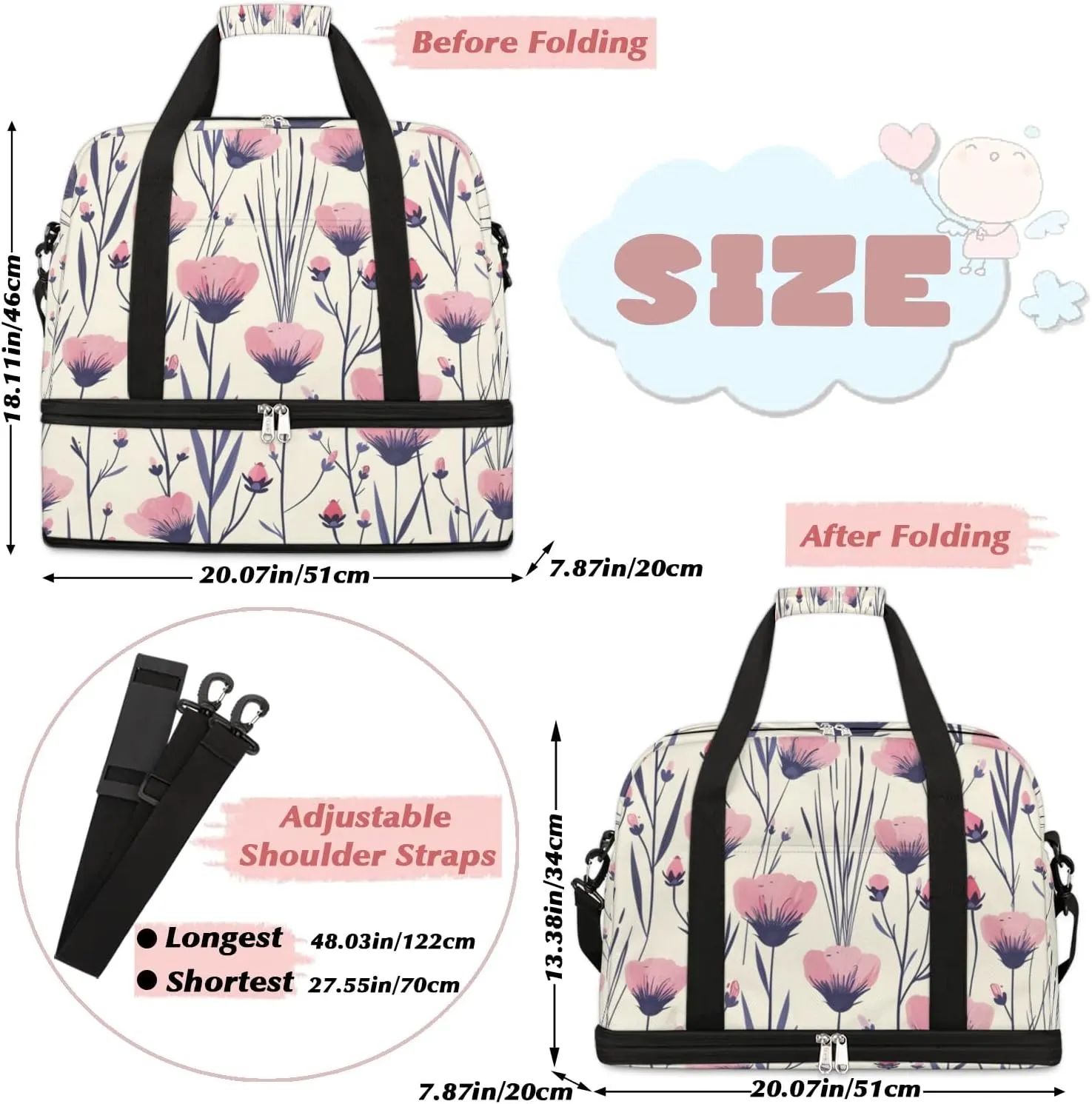 Sports Duffel Bag, Foldable Wildflower Travel Duffel Bag, Gym Yoga Beach Bag Weekender Overnight Bag with Shoes Compartment for Men Women, Poppy Flower
