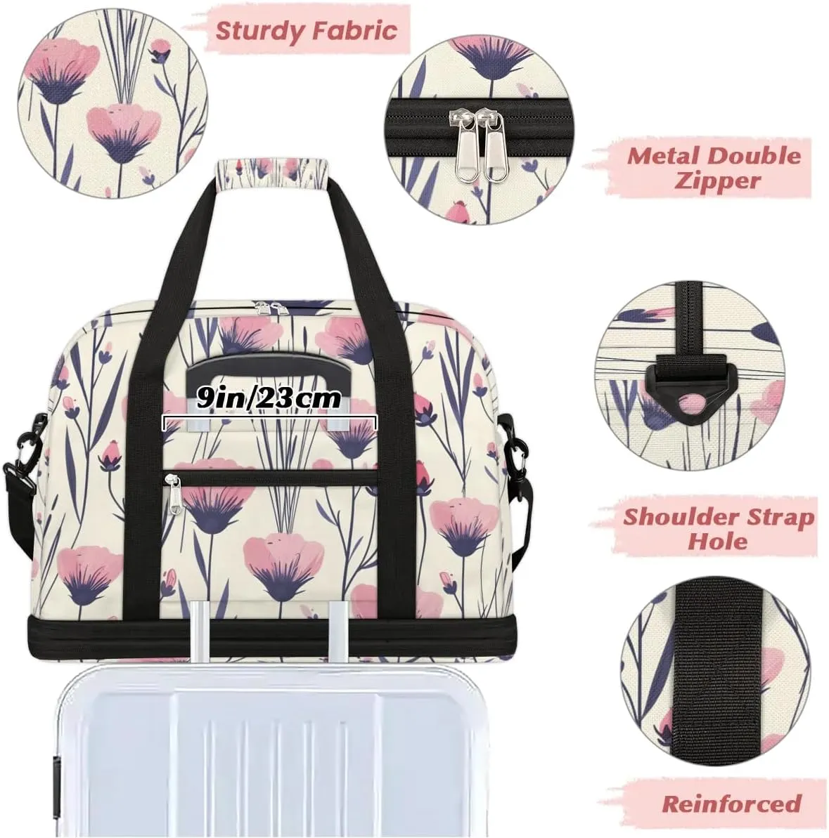 Sports Duffel Bag, Foldable Wildflower Travel Duffel Bag, Gym Yoga Beach Bag Weekender Overnight Bag with Shoes Compartment for Men Women, Poppy Flower
