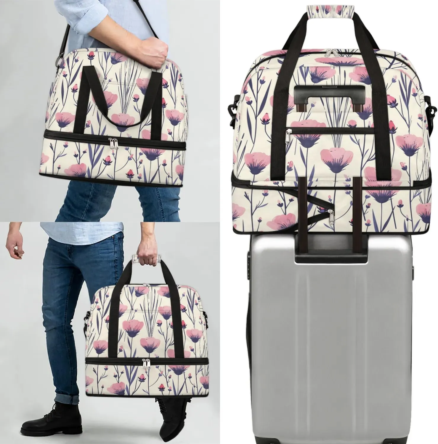 Sports Duffel Bag, Foldable Wildflower Travel Duffel Bag, Gym Yoga Beach Bag Weekender Overnight Bag with Shoes Compartment for Men Women, Poppy Flower