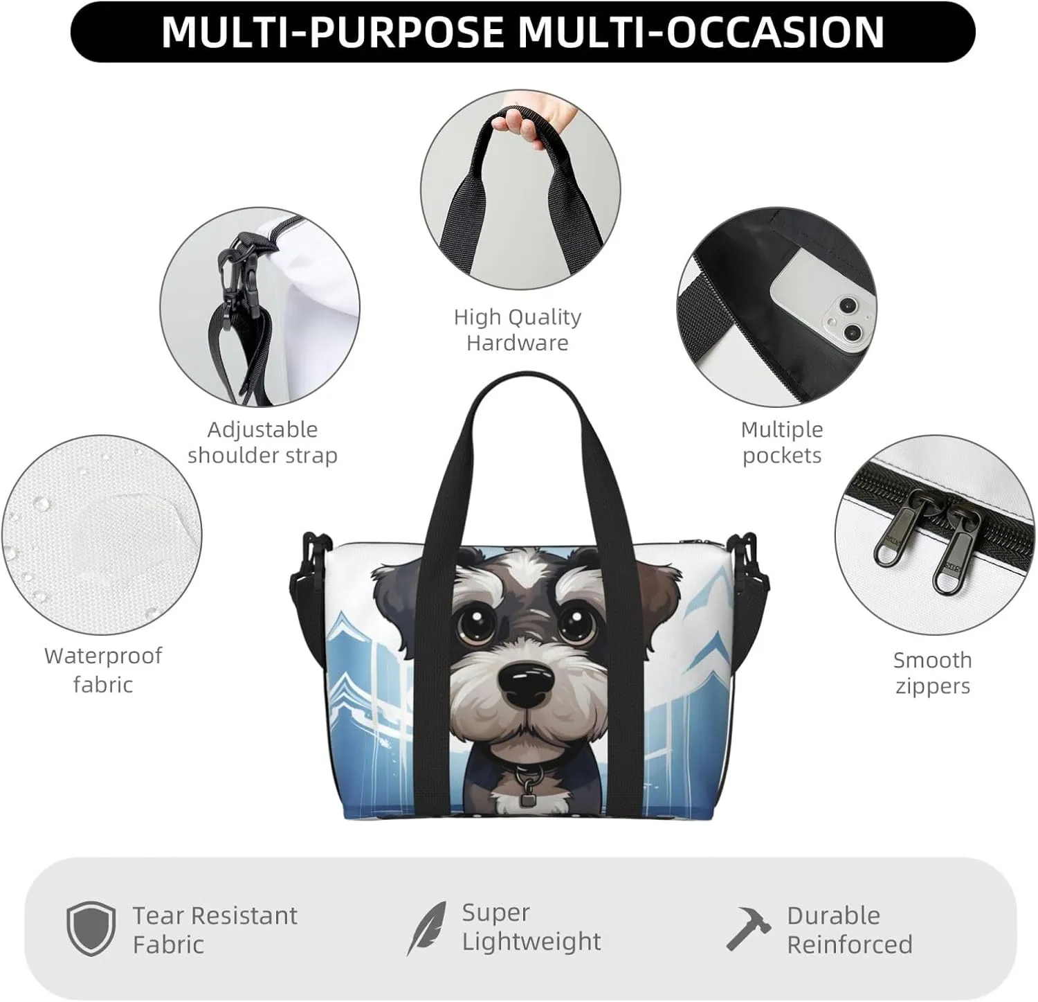 Sports Gym Bag for Women Men Travel Duffel Bag Tote adorable schnauzer Weekender Bag Canvas Carry on Overnight Bag for Travel Swimming Fitness Workout Sports Duffle Bag