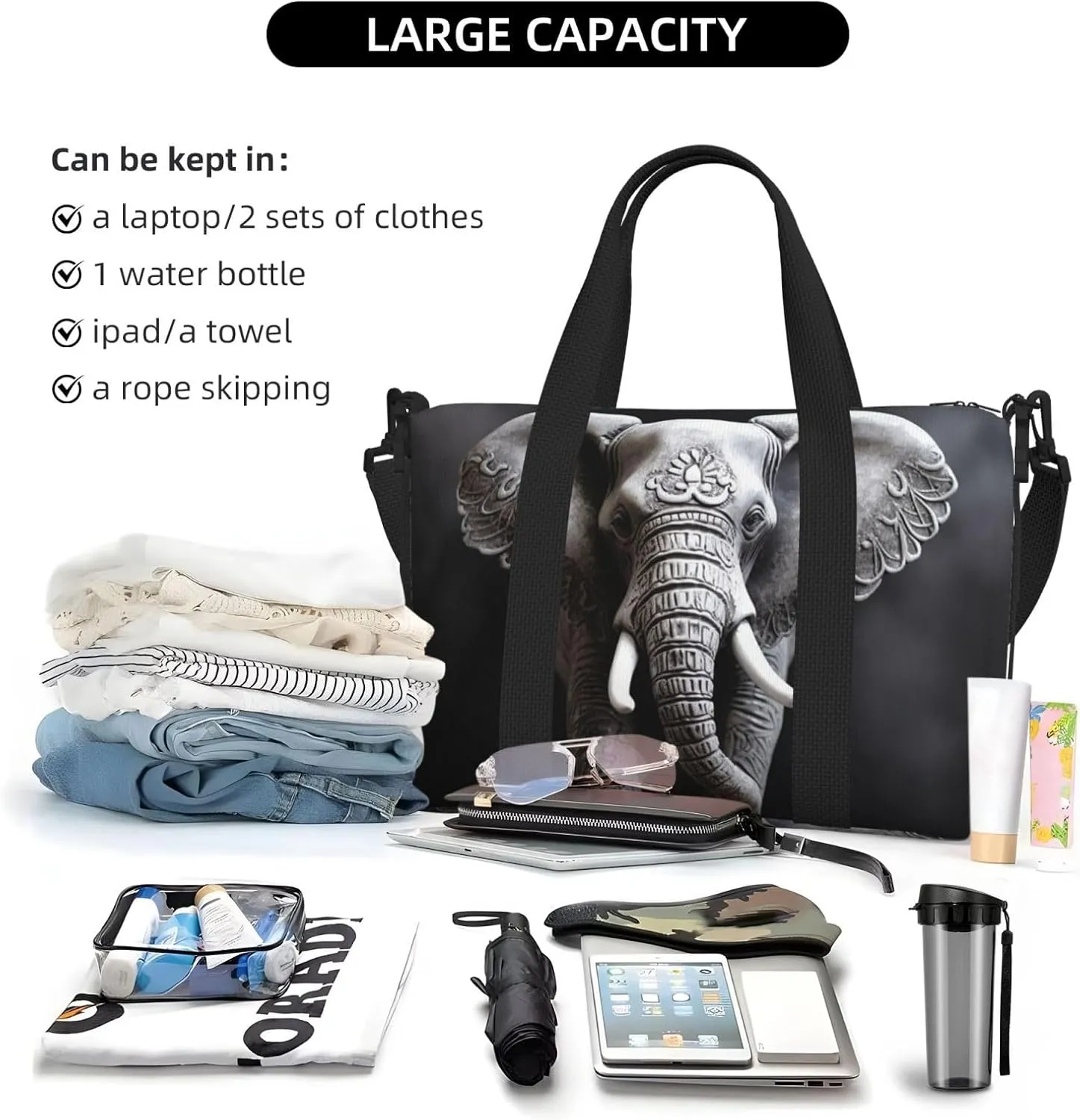 Sports Gym Bag for Women Men Travel Duffel Bag Tote Weekender Bag Carry on Overnight Bag for Travel Swimming Fitness Workout Sports Gray Elephant Duffle Bag
