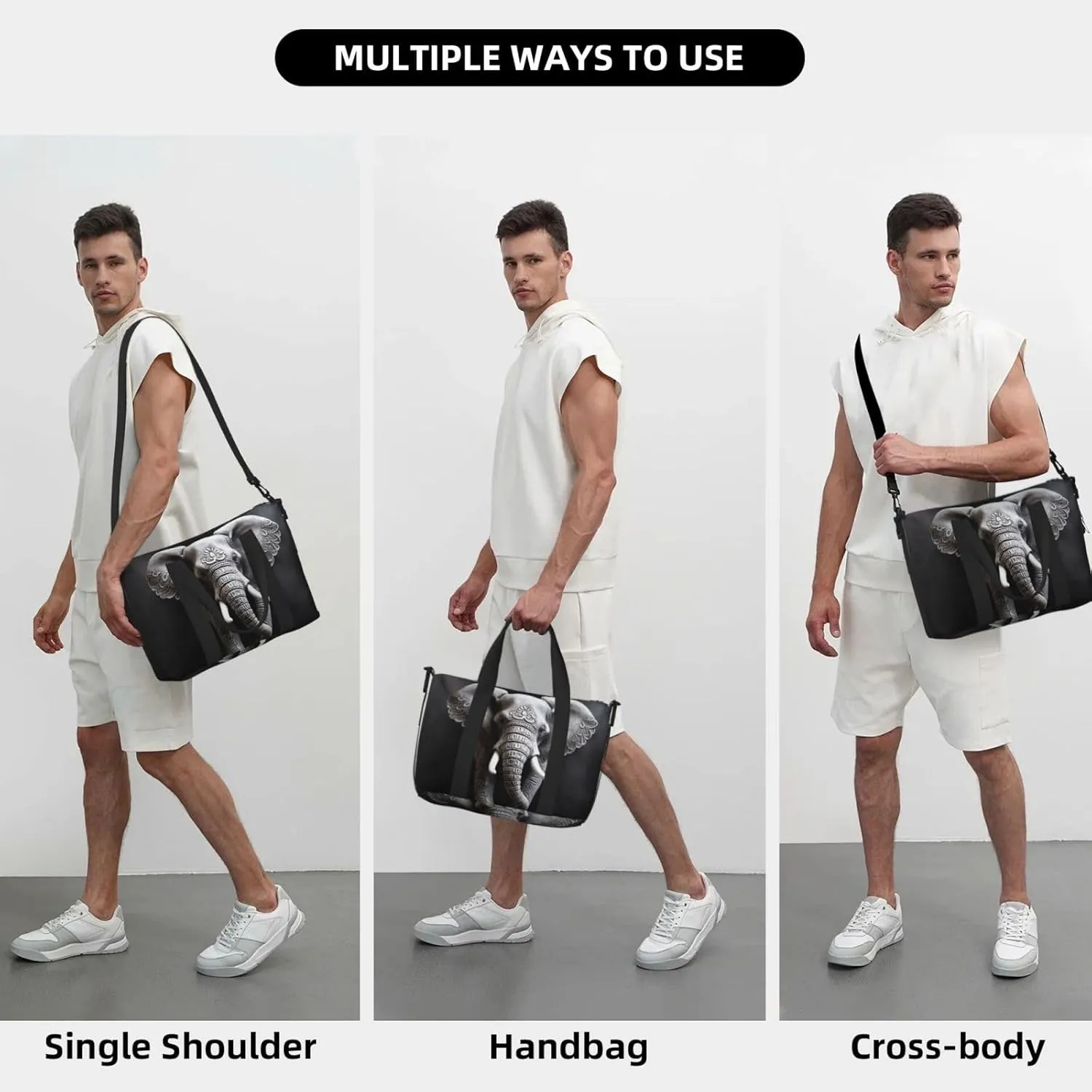 Sports Gym Bag for Women Men Travel Duffel Bag Tote Weekender Bag Carry on Overnight Bag for Travel Swimming Fitness Workout Sports Gray Elephant Duffle Bag