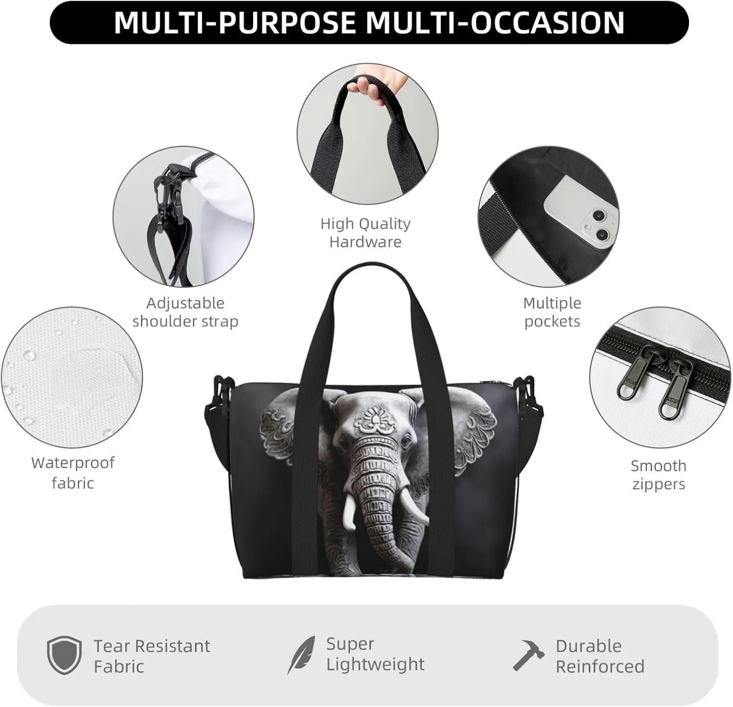 Sports Gym Bag for Women Men Travel Duffel Bag Tote Weekender Bag Carry on Overnight Bag for Travel Swimming Fitness Workout Sports Gray Elephant Duffle Bag