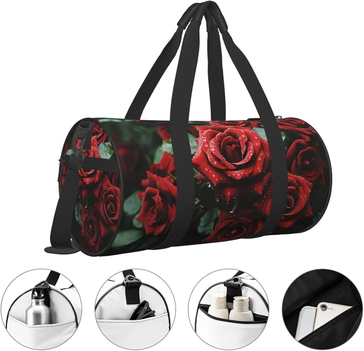 Sports Gym Bag for Women Men Travel Duffel Bag Tote Weekender Bag Carry on Overnight Bag for Travel Swimming Fitness Workout Sports Red and black rose Duffle Bag