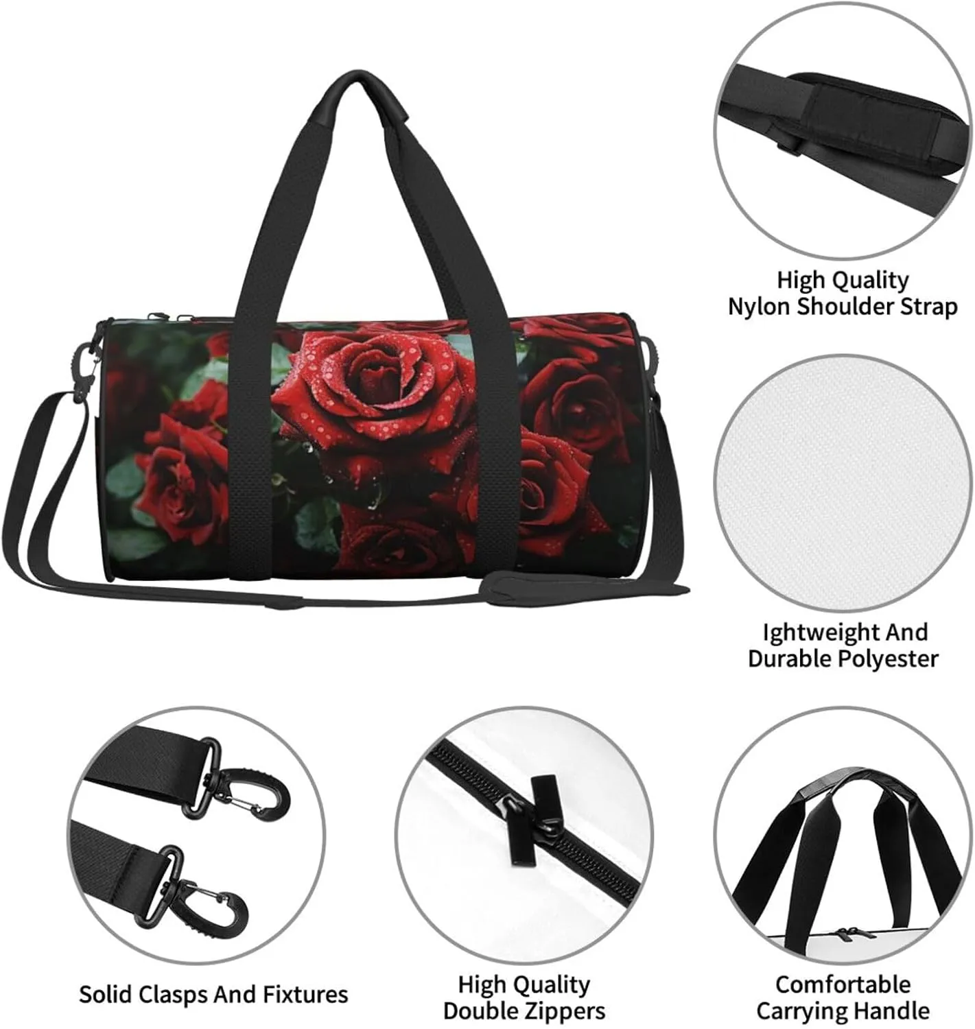 Sports Gym Bag for Women Men Travel Duffel Bag Tote Weekender Bag Carry on Overnight Bag for Travel Swimming Fitness Workout Sports Red and black rose Duffle Bag