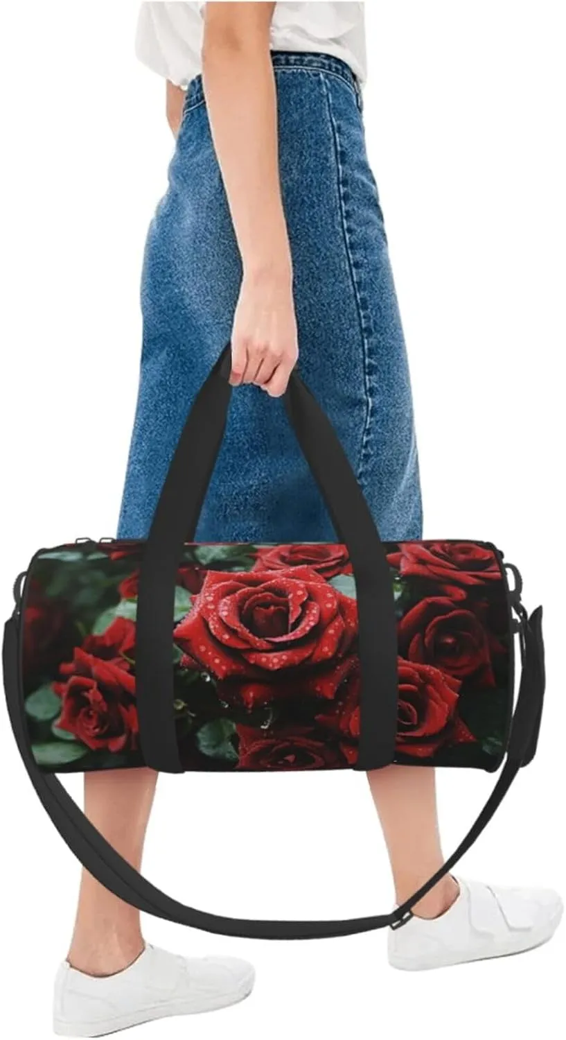 Sports Gym Bag for Women Men Travel Duffel Bag Tote Weekender Bag Carry on Overnight Bag for Travel Swimming Fitness Workout Sports Red and black rose Duffle Bag