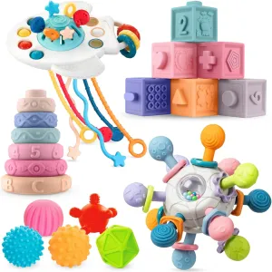 SpringFlower 0-3-6-12 Months Baby Toys, 5 in 1 Montessori Toys for Babies, Teething Toy & Stacking Building Block & Ring & Silicone Pull String, Sensory Development Baby Infant Toy, Gift for Babies