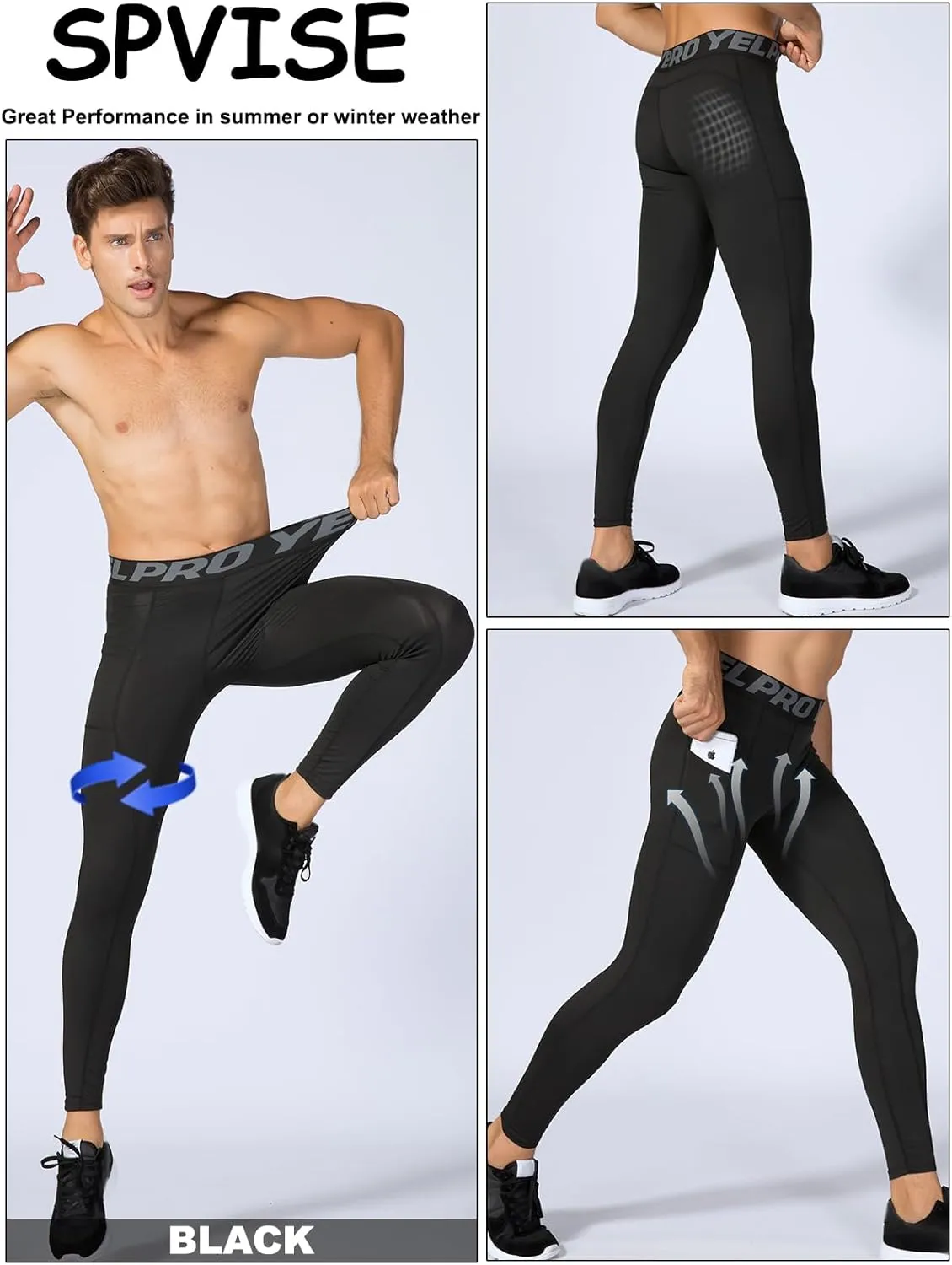 SPVISE 2 or 3 Pack Men's Compression Pants Leggings Running Tights with Pocket Cool Dry Workout Base Layer Athletic Gym Pants