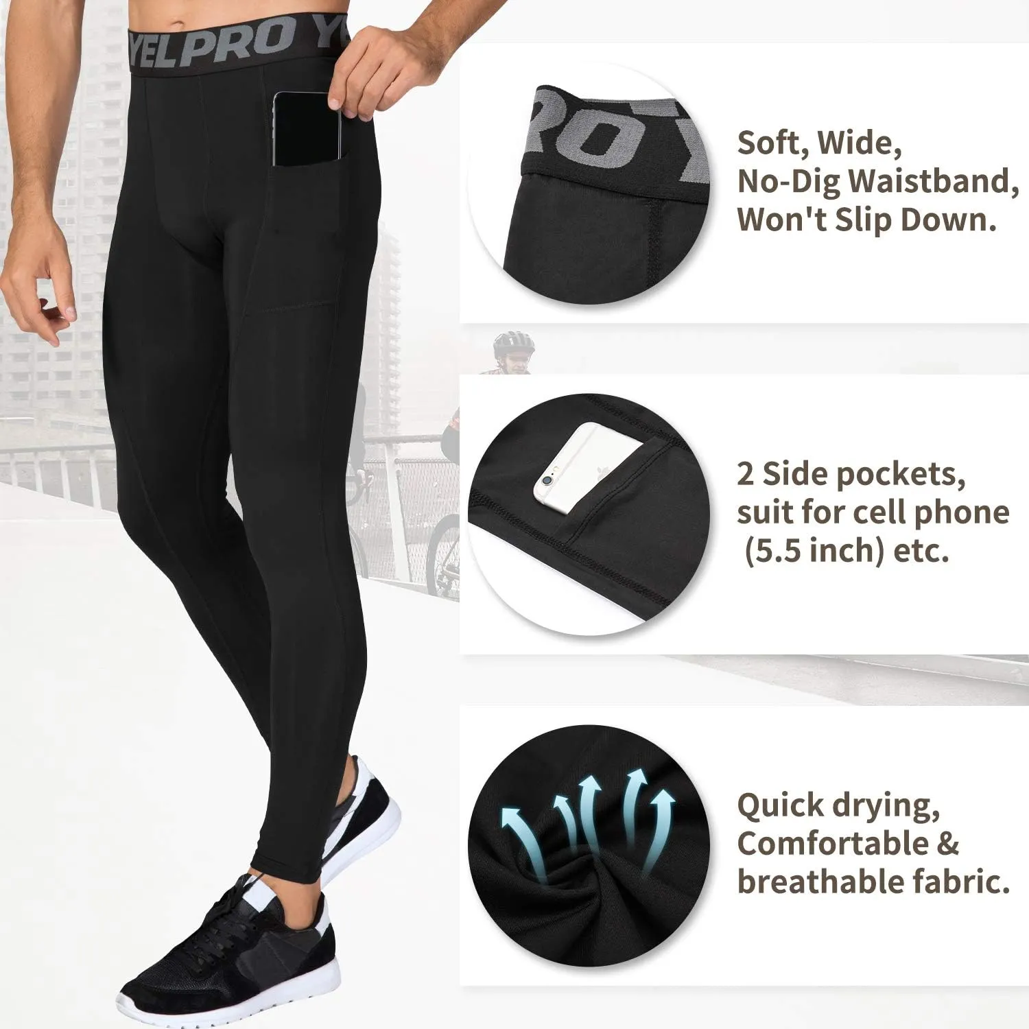 SPVISE 2 or 3 Pack Men's Compression Pants Leggings Running Tights with Pocket Cool Dry Workout Base Layer Athletic Gym Pants