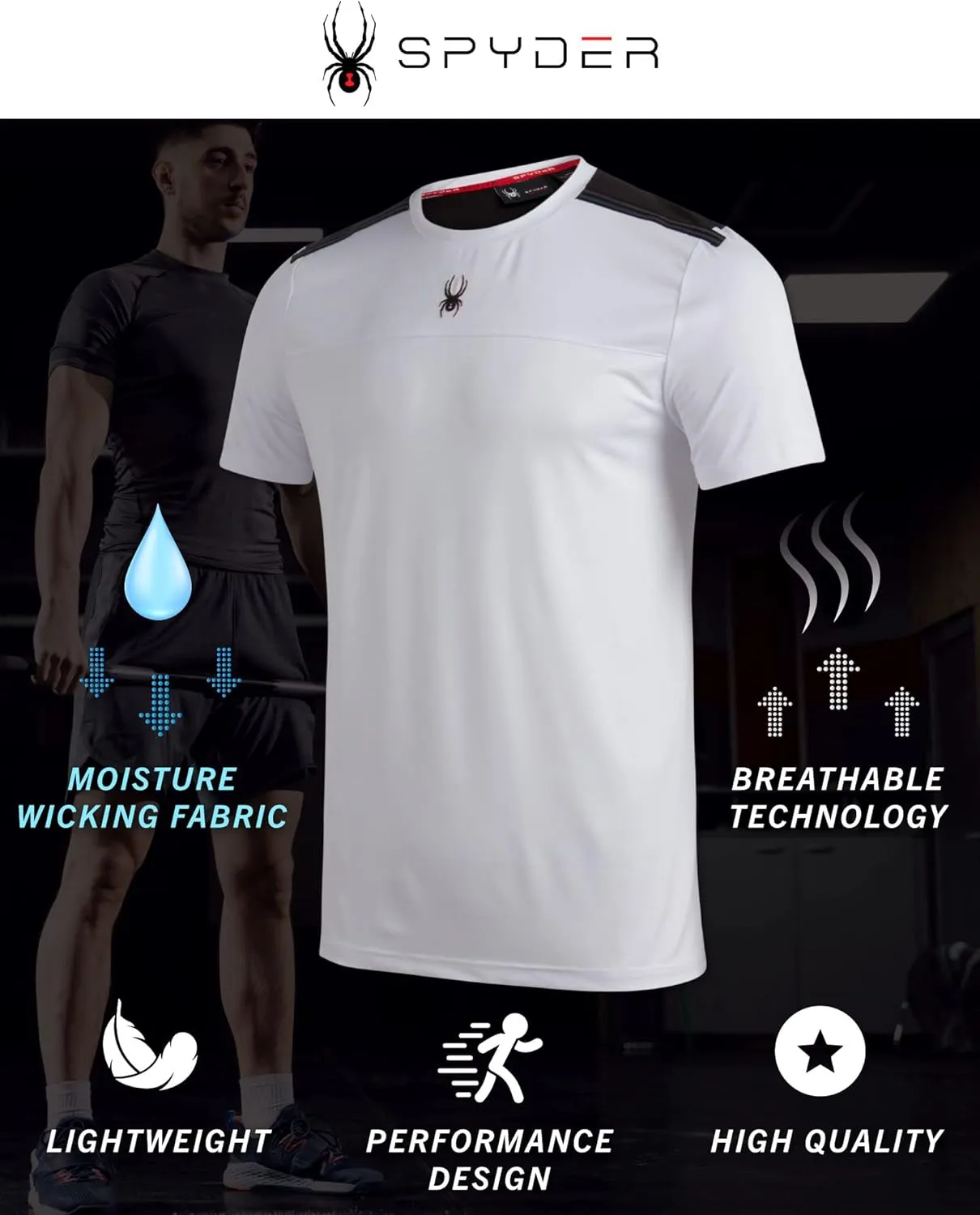 Spyder Men's Athletic T-Shirt - 2 Pack Dry Fit Short Sleeve Performance Sports Tee (S-XL)