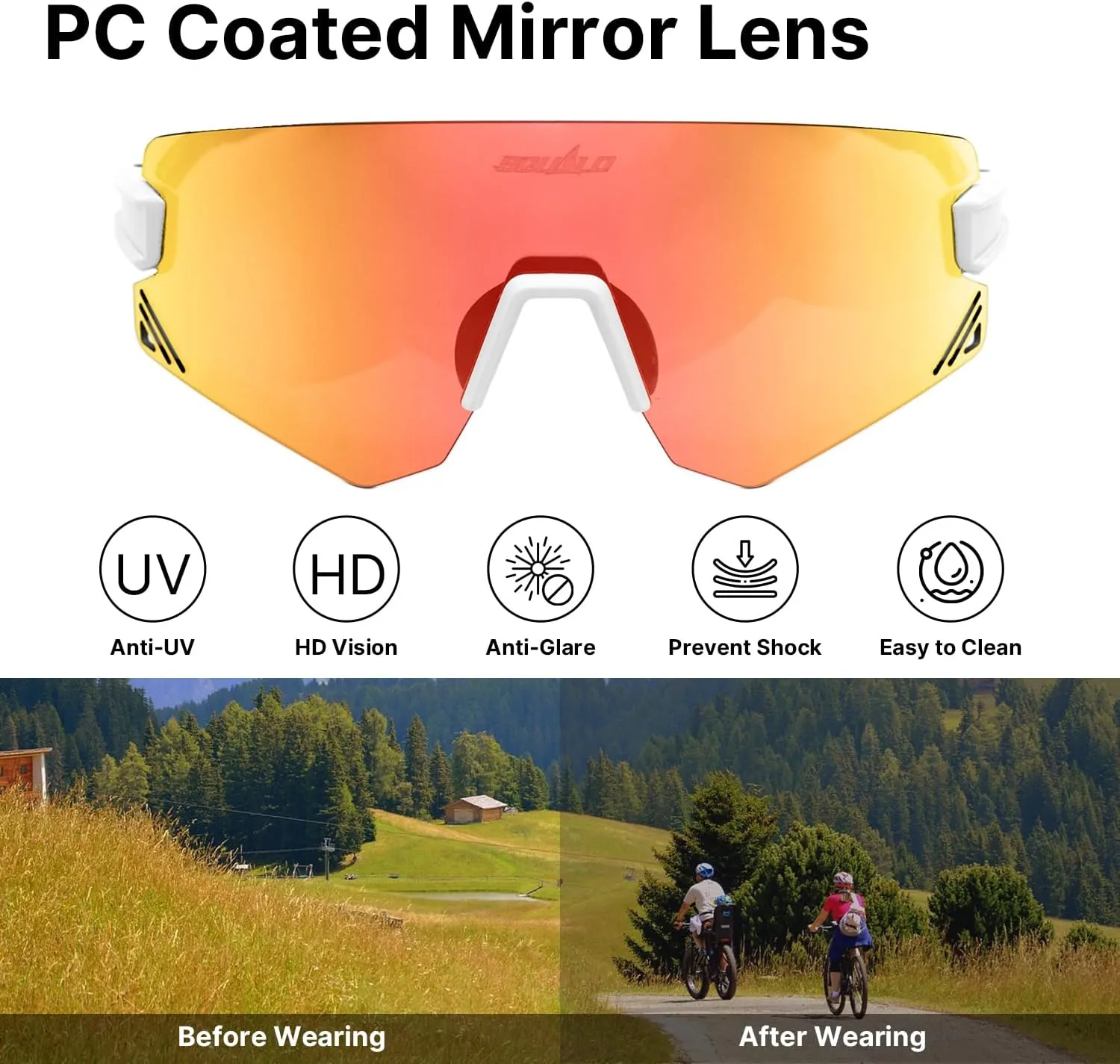 SQUALO Polarized Sports Sunglasses, UV Protection Cycling Sunglasses for Women Men, Windproof Goggles with Mirror Lens