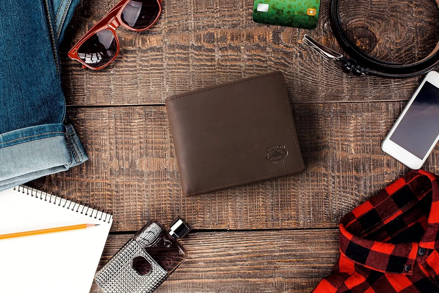Stealth Mode Leather Bifold Wallet for Men - RFID Blocking, 11 Card Slots, Gift Box
