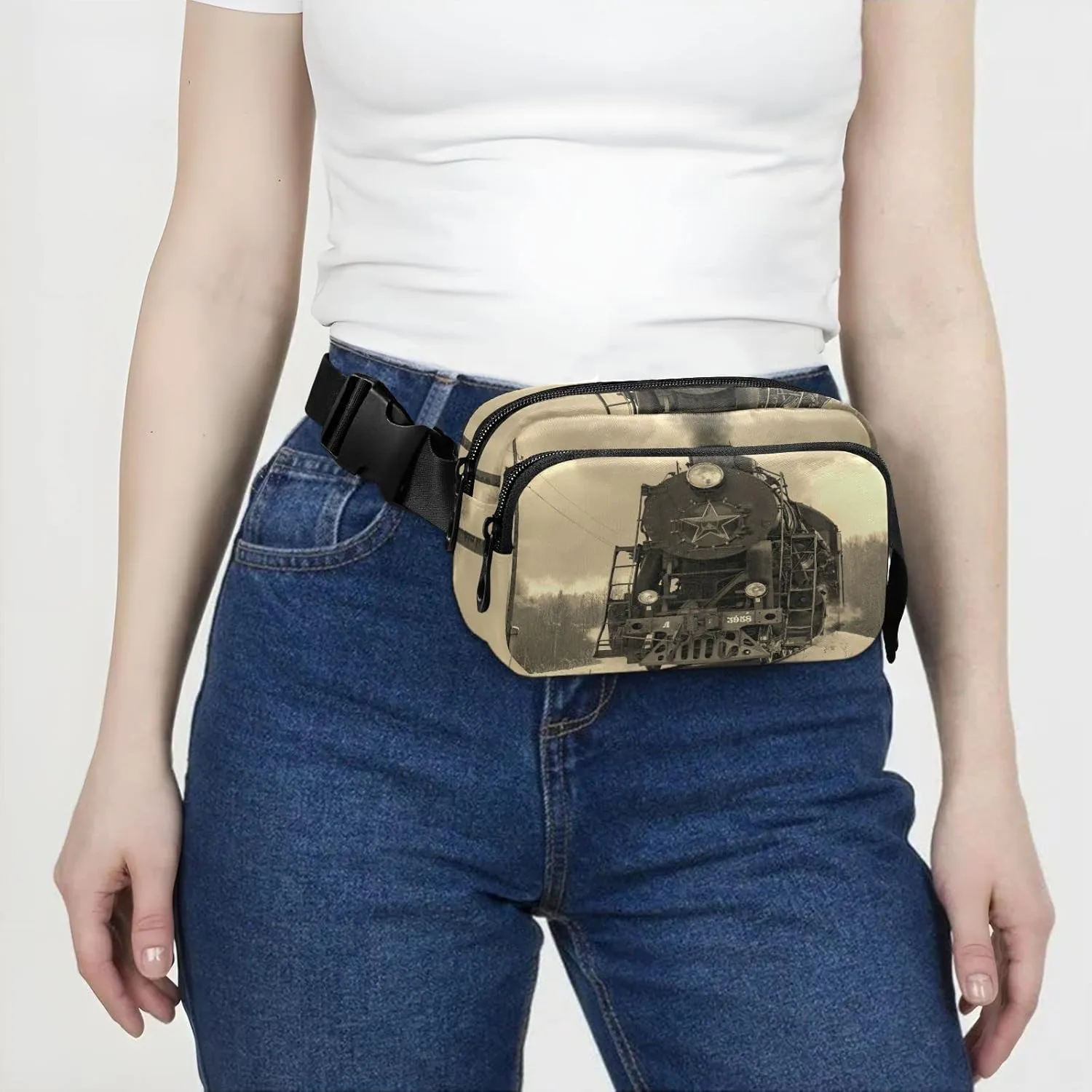 Steam Train in winter with White Snow, Track Route with Smoke Adjustable Belt Running Bag, Crossbody Fanny Pack Waist Runners Bag Tote for Women Men Sports Hiking Fitness Exercise Gym Pouch