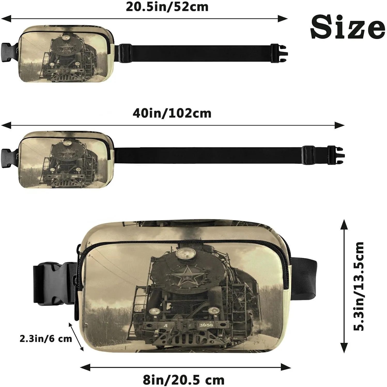 Steam Train in winter with White Snow, Track Route with Smoke Adjustable Belt Running Bag, Crossbody Fanny Pack Waist Runners Bag Tote for Women Men Sports Hiking Fitness Exercise Gym Pouch