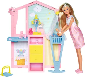 Steffi Love Newborn Baby Room, Pregnant Doll with Baby in The Children's Room, with Baby Bed, Changing Table, Bath and Accessories, 29 cm Toy Doll, from 3 Years