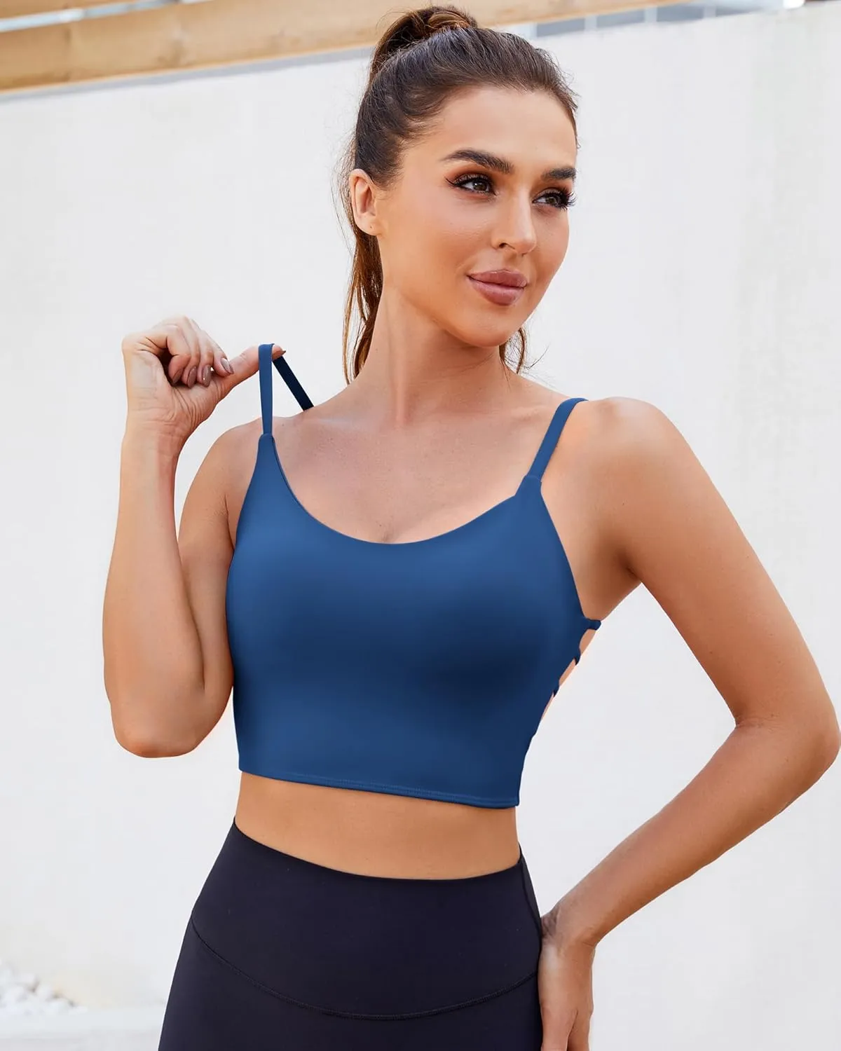 Strappy Sports Bras for Women High Support Open Back Workout Tops Longline Tank Top with Built in Bra Yoga Crop Bras