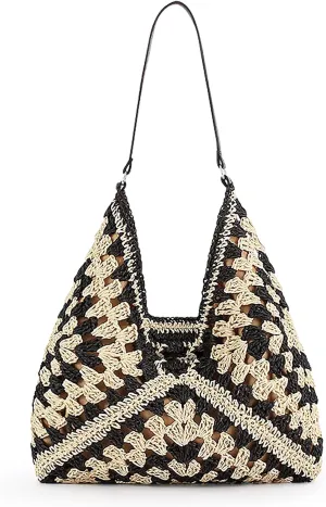 Straw Hobo Bags for Women, Large Capacity Woven Beach Tote Bag Summer Vintage Crochet Shoulder Bag for Travel